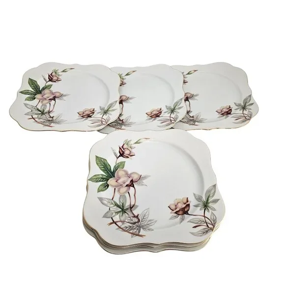 6 Blue Woodrose Square Lunch Plate 7.5" Meito Japan salad gold scalloped edge vt - Picture 6 of 9